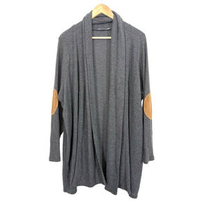 Honey Punch Waffle Knit Open Cardigan Sweater Sz 3X Gray Elbow Patch Academia